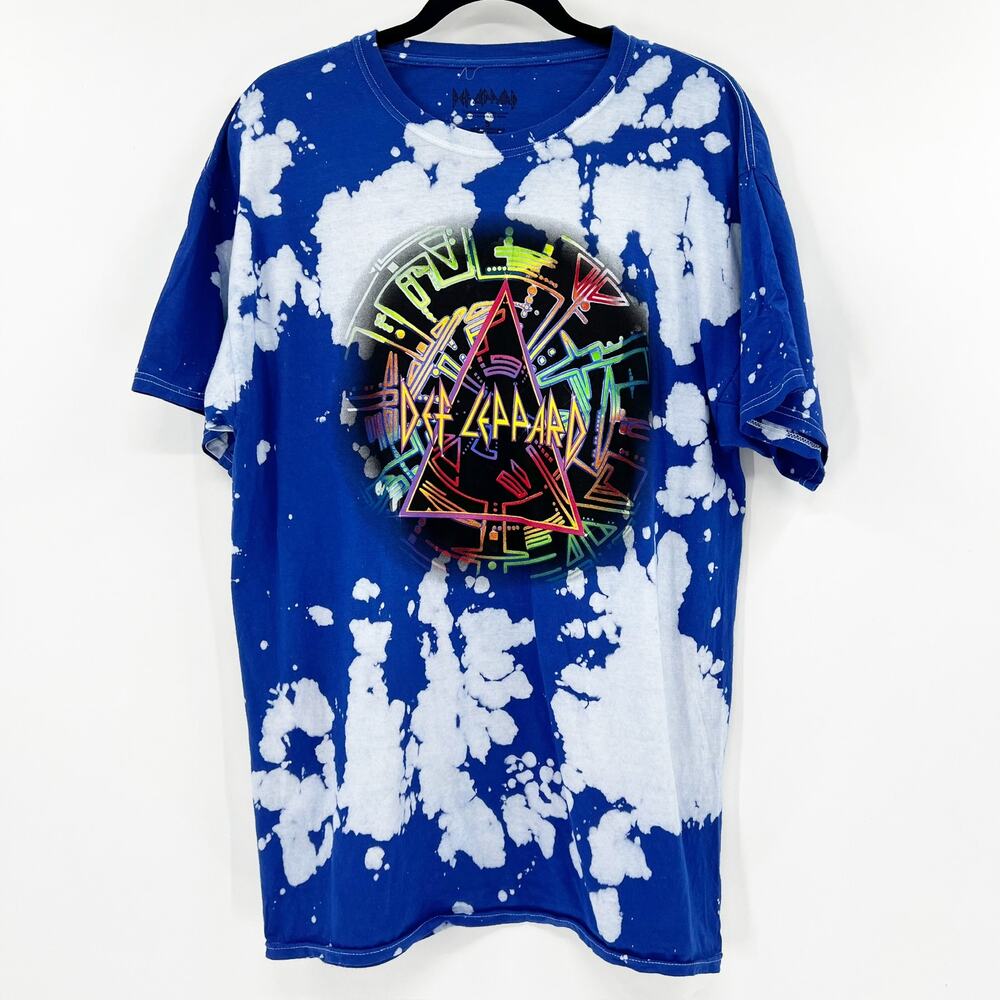 Def‎ Leppard Unisex Blue Tie Dye Graphic Print Short Sleeve Band Tee T Shirt SP